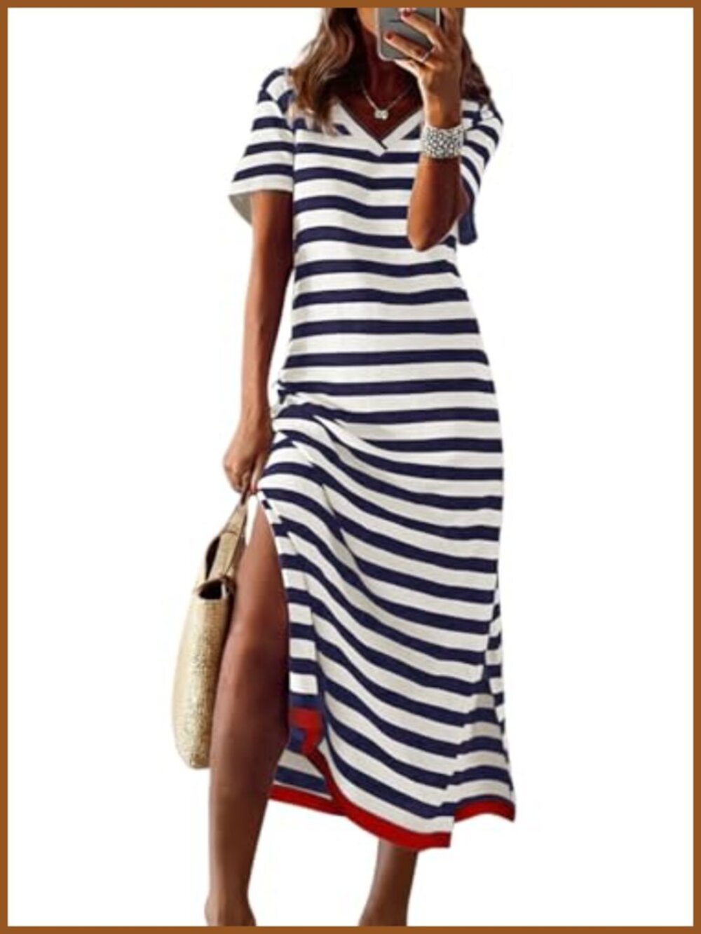 Women's Maxi Dress Short Sleeve Striped Split T Shirt Casual Summer